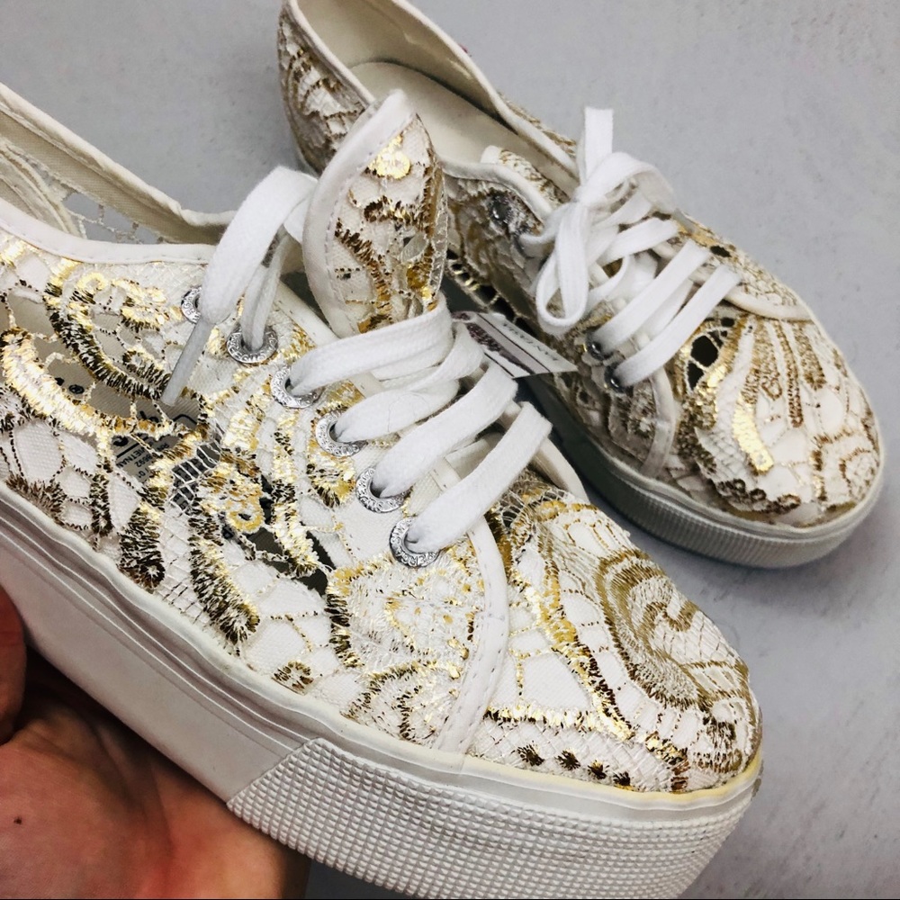 Superga Gold Macrame/ Crochet Platform Sneakers